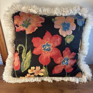 VTG 70s Bold Floral Maximalist Boho Large Throw Pillow Shag Fringe Edges MCM